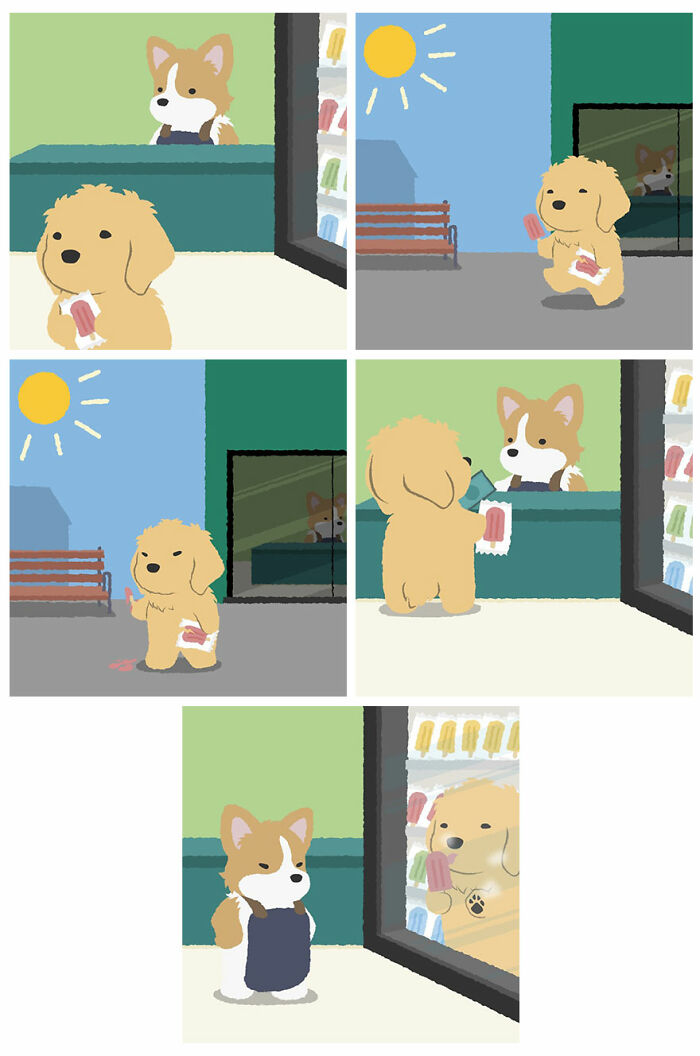 Cute human-like animal comics showing a dog and a corgi interacting around a popsicle shop on a sunny day.