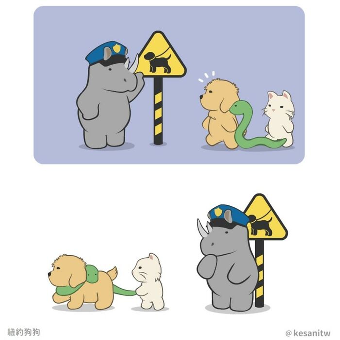 Cute human-like animals interact with a rhino police officer near a dog warning sign in fun comics by Kesanitw.