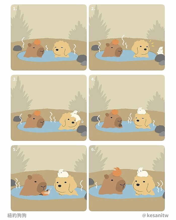 Cute human-like animals relaxing and interacting in a hot spring in a fun comic strip style illustration.