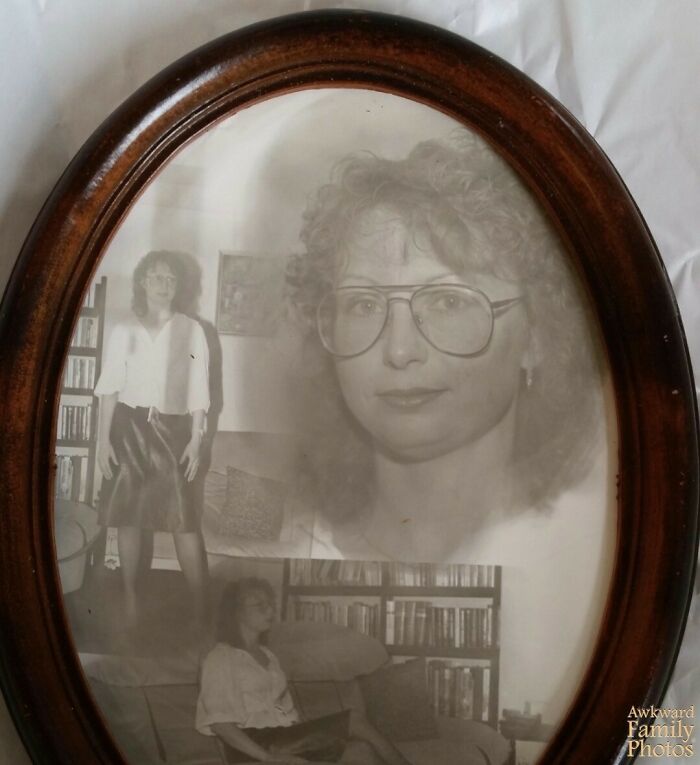 Vintage awkward family photo collage in an oval frame showing a woman in various poses with glasses and curly hair