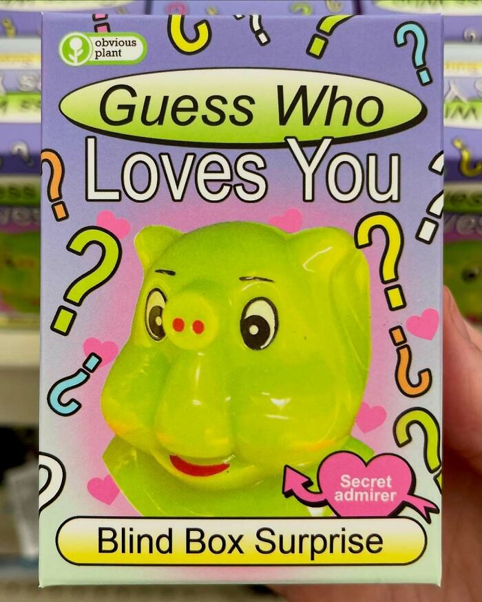 Green pig toy in a blind box surprise packaging with question marks, part of fake products sneaked into real stores.