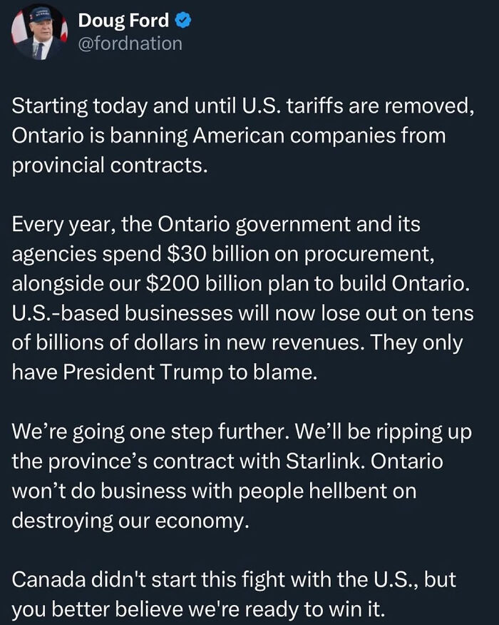 Screenshot of a tweet from Doug Ford about Ontario banning American companies over U.S. tariffs, a notable facepalm moment.