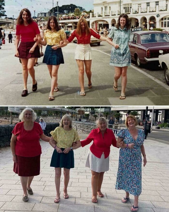 Four women walking arm in arm in a vintage and modern setting, showcasing fascinating life moments and change.