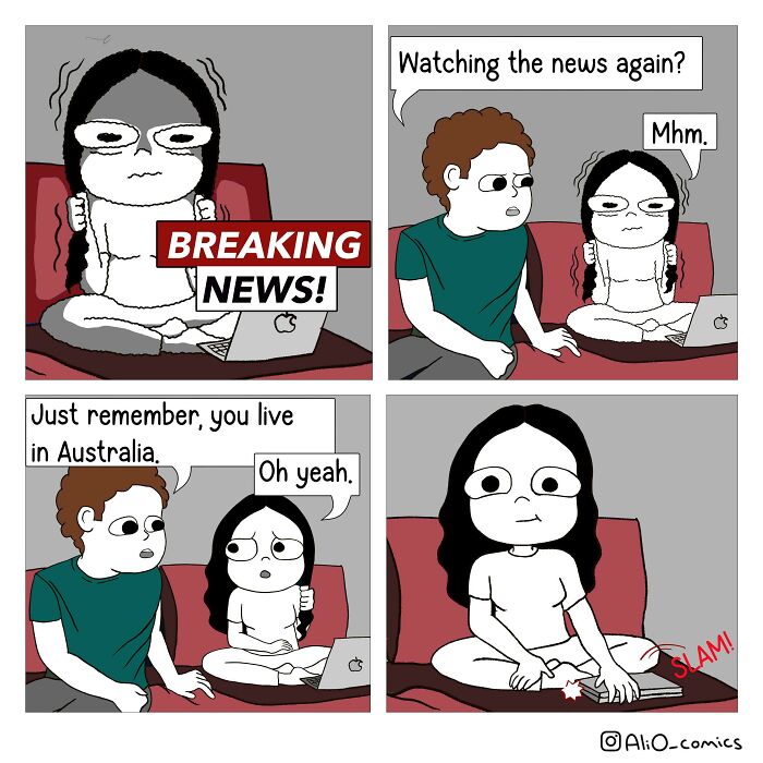 Cartoon about surprising news in Australia, with characters reacting humorously to a news broadcast.