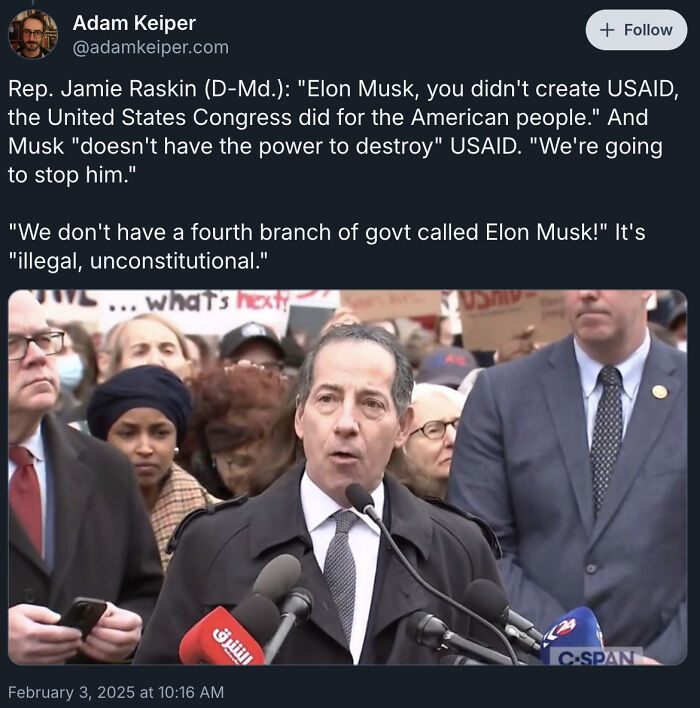 Rep. Jamie Raskin speaks at a podium surrounded by a crowd, showing courage to tweet what others could not.