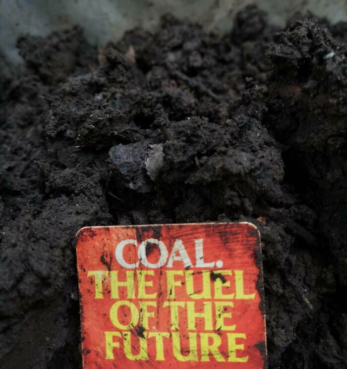 Sign reading "Coal: The Fuel of the Future" on dark soil, illustrating future predictions aged bad.