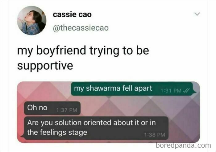 Text conversation meme about a boyfriend being supportive with humor.