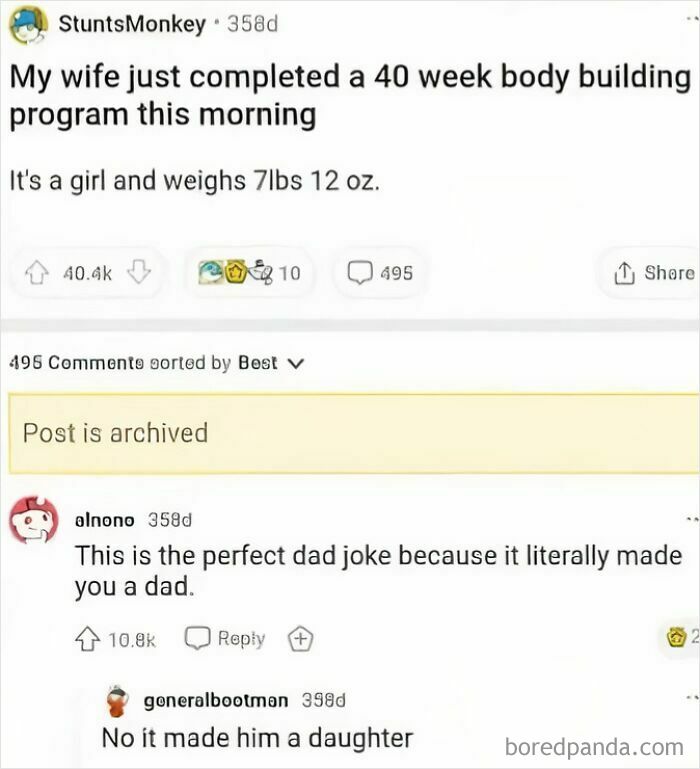 Funny meme about a dad joke involving a 40-week body building program resulting in a newborn daughter.