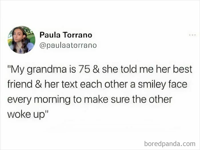 Grandma shares a funny meme about texting smiley faces with her best friend every morning to ensure they're awake.
