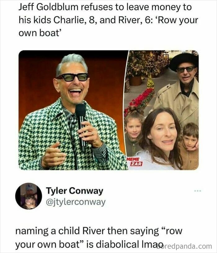 Man in checkered jacket holding a microphone, with text overlay referencing a humorous take on parenting and wealth.