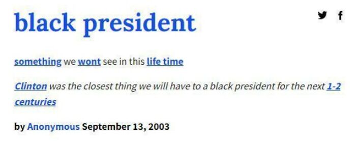 Screenshot with a past prediction claiming Clinton as closest to a black president for 1-2 centuries.