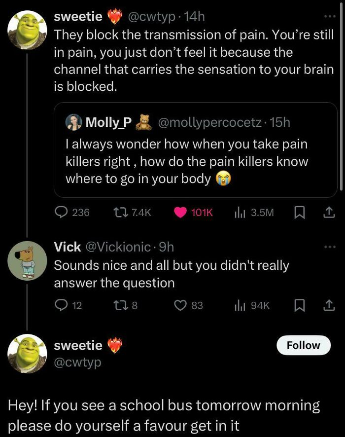 Tweets displaying clever use of words for humorous impact in a conversation about painkillers.