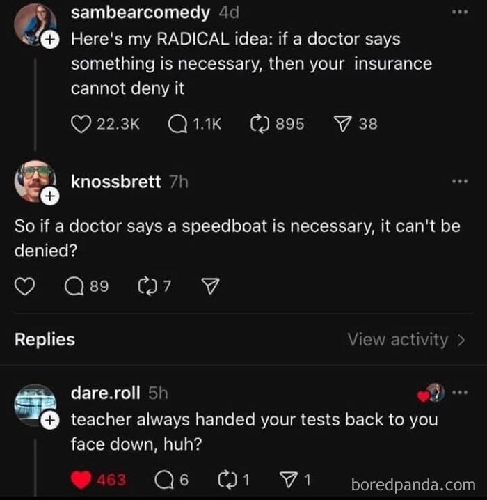 Three witty social media comments using humor to mock medical necessity and insurance.