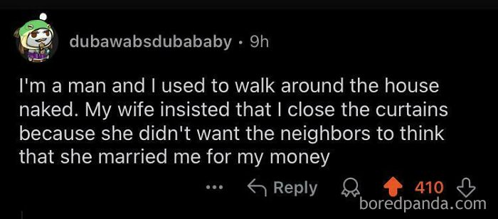 Text post humorously weaponizing words about walking naked; a wife’s witty remark about marriage and money.