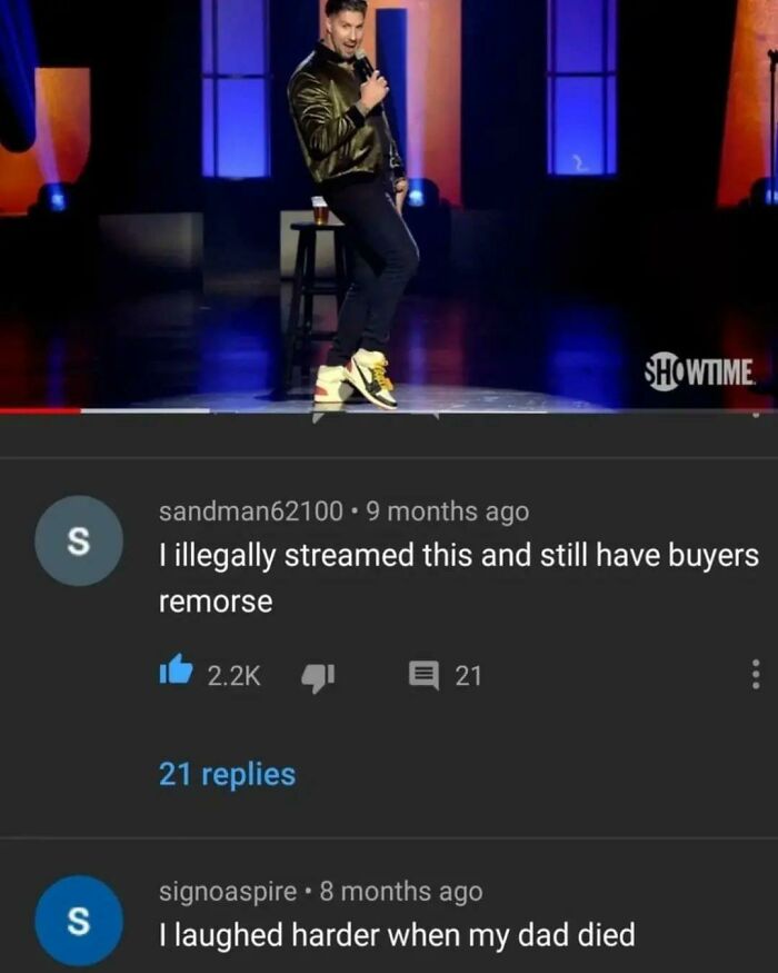 Comedian on stage with comments weaponizing words humorously below.