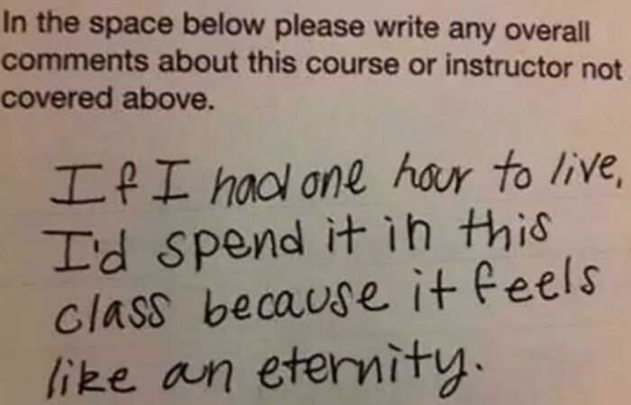 Student humorously commenting on a course, showcasing the power of cleverly weaponized words.