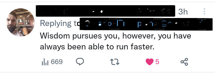 Tweet with a sharp retort: "Wisdom pursues you, but you always run faster." 669 comments, 5 likes.