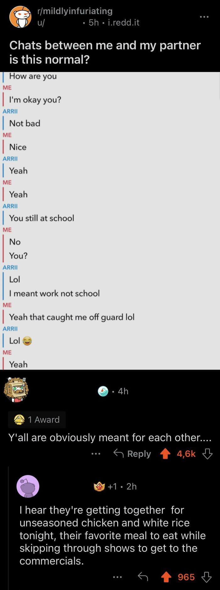 Chat conversation weaponizing words with humorous mix-up about school and work, followed by witty user comments.