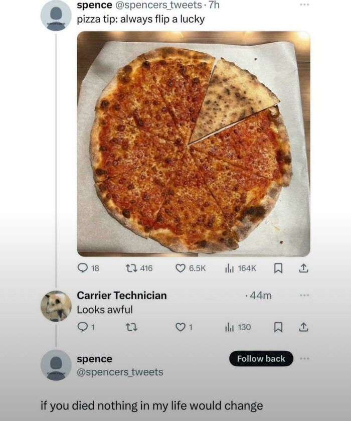 Pizza image with witty comment on flipping a slice and a sharp reply, showcasing how people weaponized words.