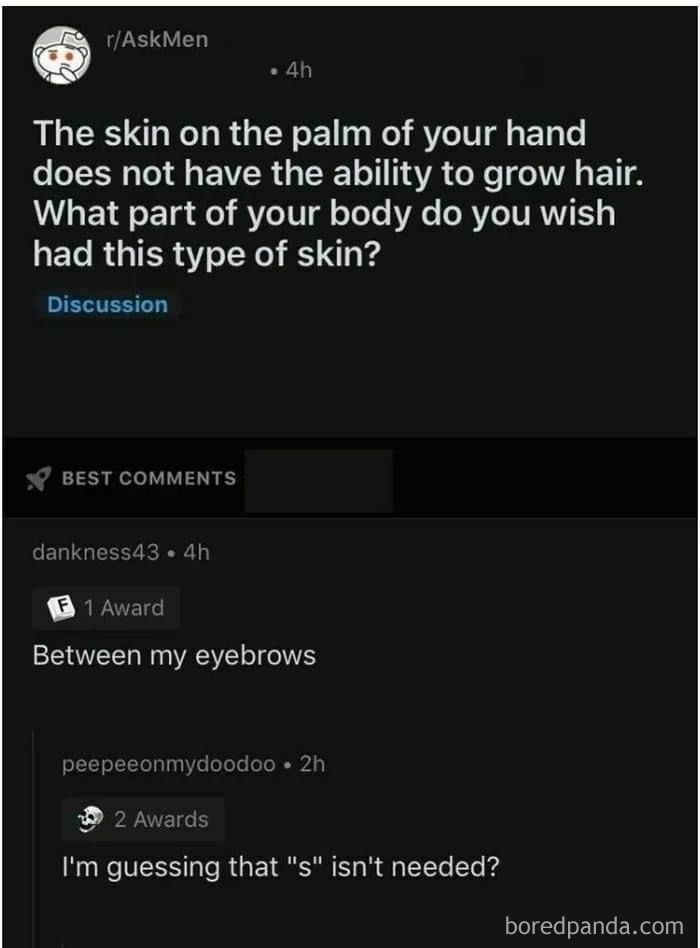 Reddit post using witty wordplay about skin not growing hair between eyebrows.