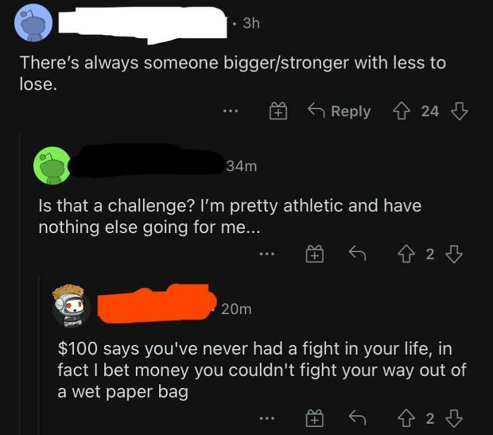 People weaponized words in a humorous online exchange about fighting challenges.