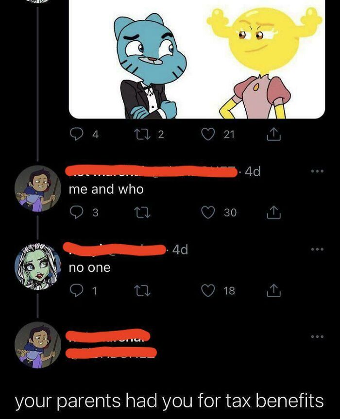 Twitter thread humorously weaponizes words with comic characters in tuxedo and dress.