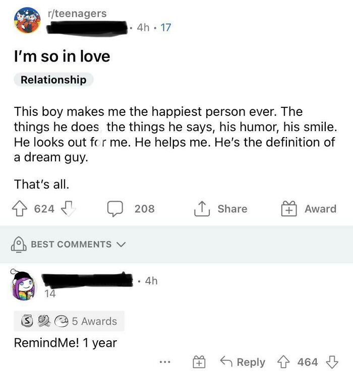 Reddit post about love with highly rated comment using words as weapon to suggest a future reminder.