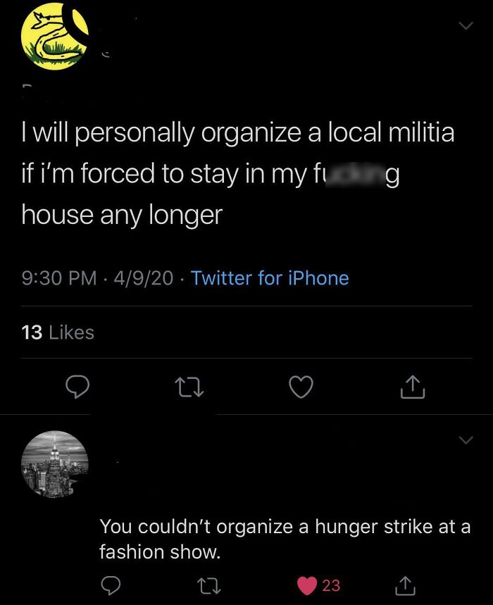 Two tweets showcasing weaponized words; one is a bold claim, the other a clever retort.