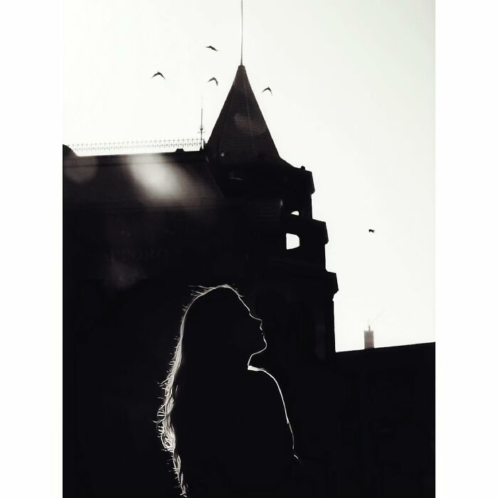 Silhouette of a woman against a minimalist Tokyo skyline with birds flying above.