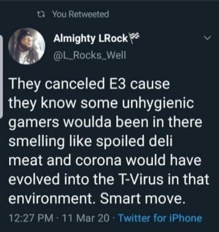 Tweet using humor to critique E3 cancellation, referencing hygiene and T-Virus.