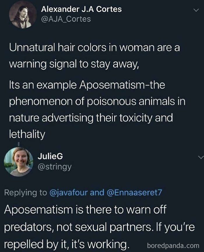 Twitter replies highlighting aposematism, showcasing clever use of words in a discussion about warning signals.