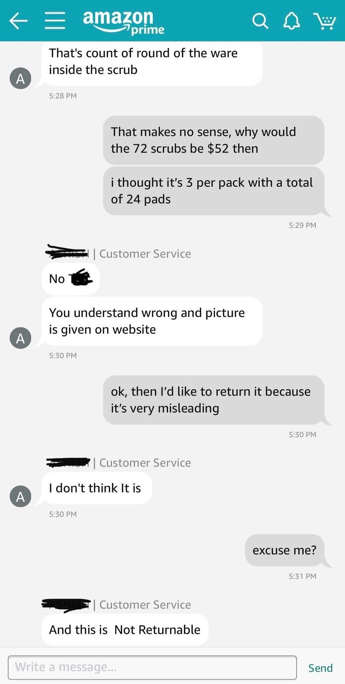 Chat between customer and Amazon support showing confusing and useless customer support interactions about a product return issue.