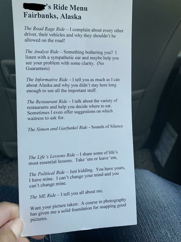 Ride menu with humorous descriptions from Fairbanks, Alaska, offering unique conversation themes. Mildly interesting and surprising.