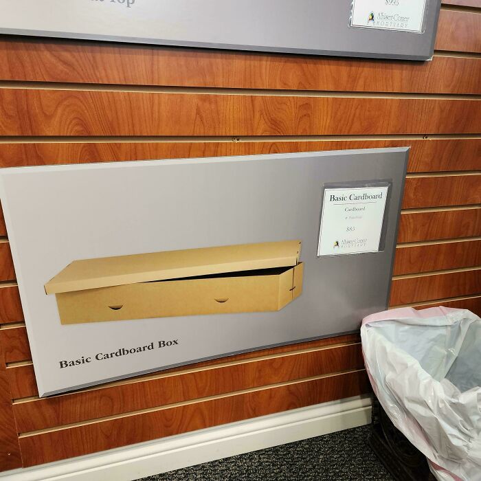 Basic cardboard box display on a wooden panel wall, showcasing a seemingly "mildly interesting" product.