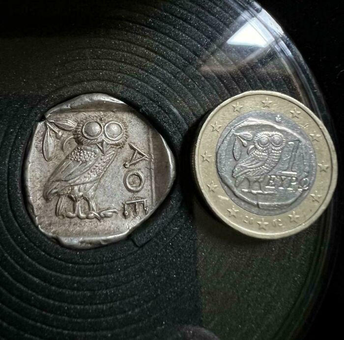 Two coins featuring an owl design side by side, showcasing mildly interesting historic and modern currency.