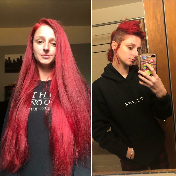 Person with red hair undergoing a haircut transformation, before with long hair, after with a bold, short style.