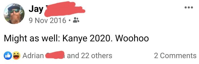 Social media post predicting Kanye 2020 with laughing reactions, illustrating future predictions aged bad.