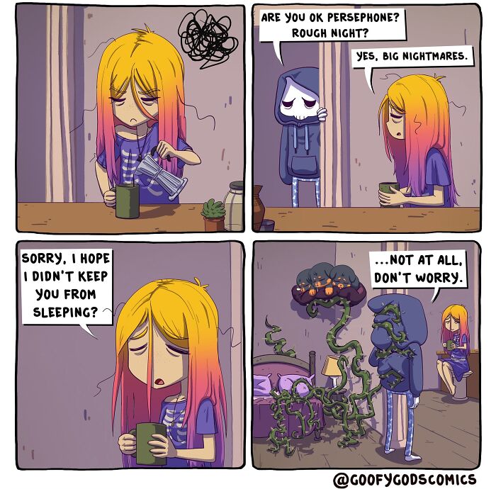 Comic of Goofy Gods: Persephone shares her nightmare troubles over coffee with a friend, humorous twist with monsters.