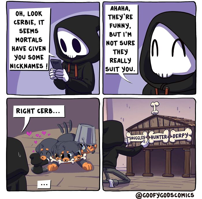 Comic featuring a hooded figure discussing nicknames for Cerberus, from "Goofy Gods Comics."
