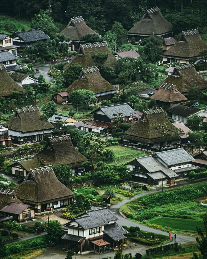 Traditional Japanese village with thatched-roof houses surrounded by lush greenery, showcasing interesting Japan architecture.