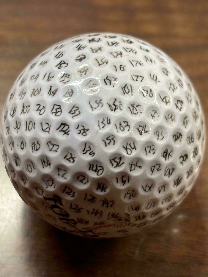 A golf ball covered in handwritten numbers, showcasing something mildly interesting.