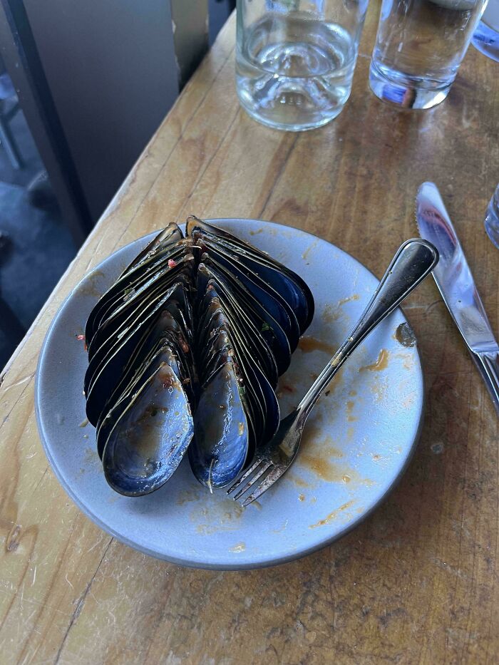 Mussel shells neatly stacked on a plate with fork and knife, showcasing a mildly interesting organization pattern.