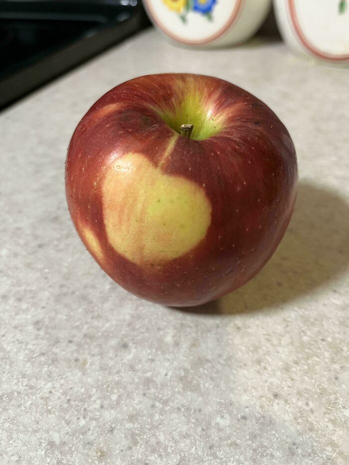 Red apple with a heart-shaped spot, showcasing a mildly interesting feature on a kitchen countertop.