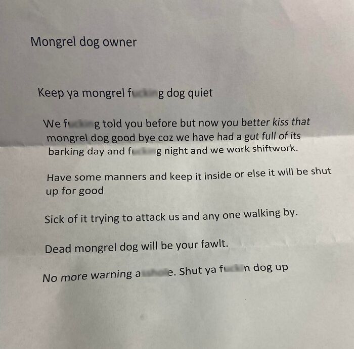 Rude letter from terrible neighbors complaining about a barking dog.