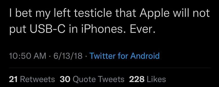 Tweet predicting USB-C will never be used in iPhones, reflecting a bold future prediction aged bad.