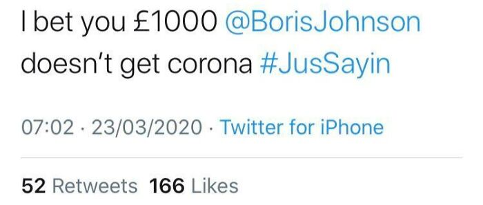 Tweet predicting Boris Johnson won't get corona; a future prediction aged bad.