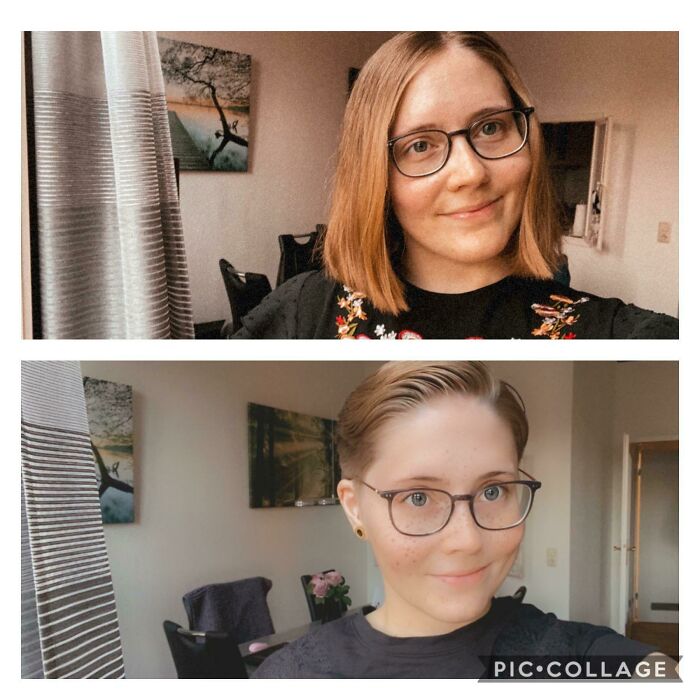 Person with glasses shows hair transformation from long bob to short pixie cut.