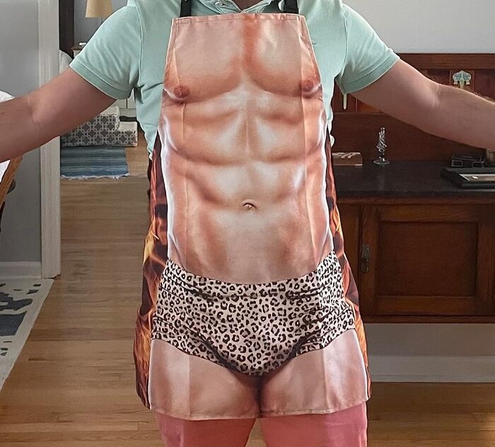 Person wearing funny apron