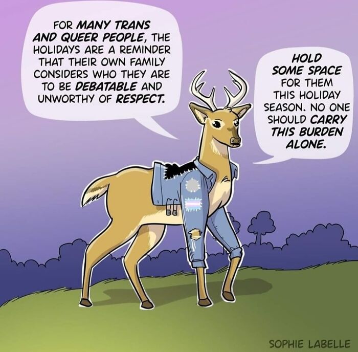 Transgender experiences comic featuring a deer in a jacket discussing family acceptance during holidays.
