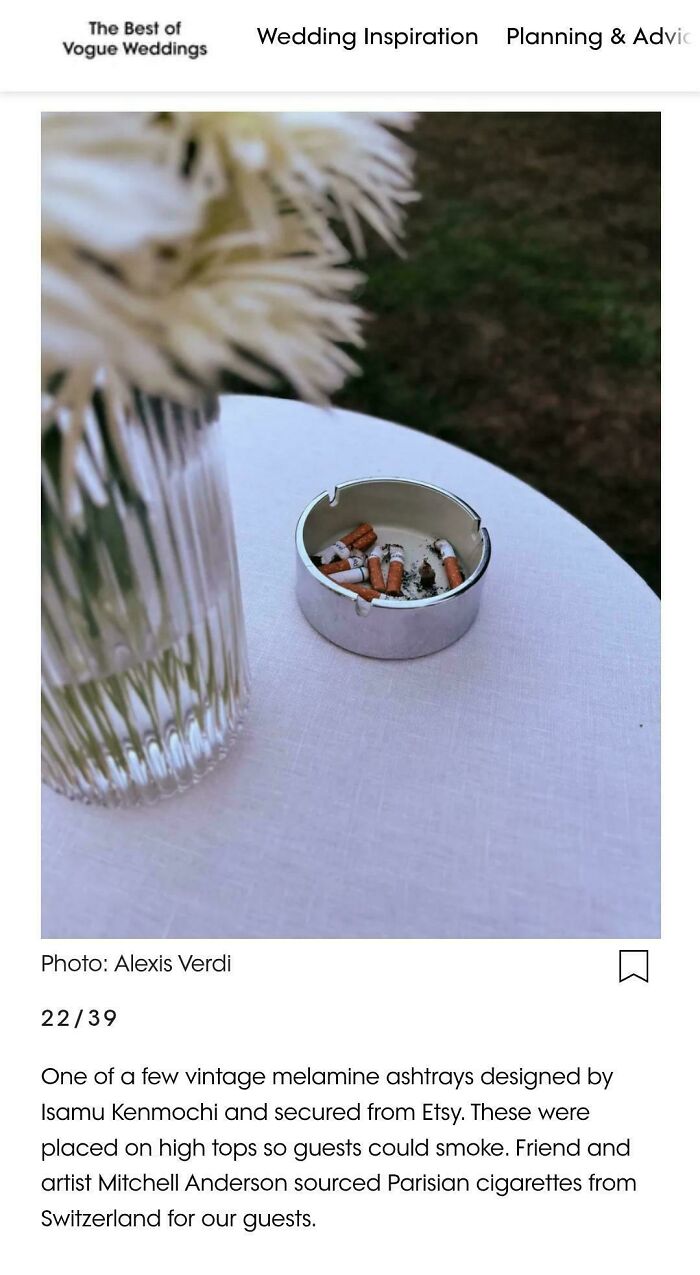 Vintage melamine ashtray with cigarette butts at a wedding table setting.